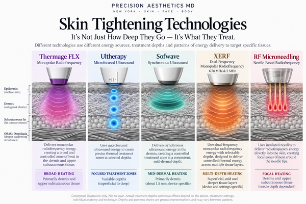 Comparison of Thermage FLX, Ultherapy, Sofwave, XERF and RF microneedling skin tightening technologies